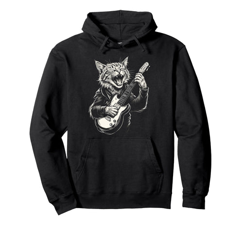 Funny Cat Playing Guitar Heavy Metal Hoodie - Minimalist Print Men Women - T-Shirt, Sweatshirt, Hoodie