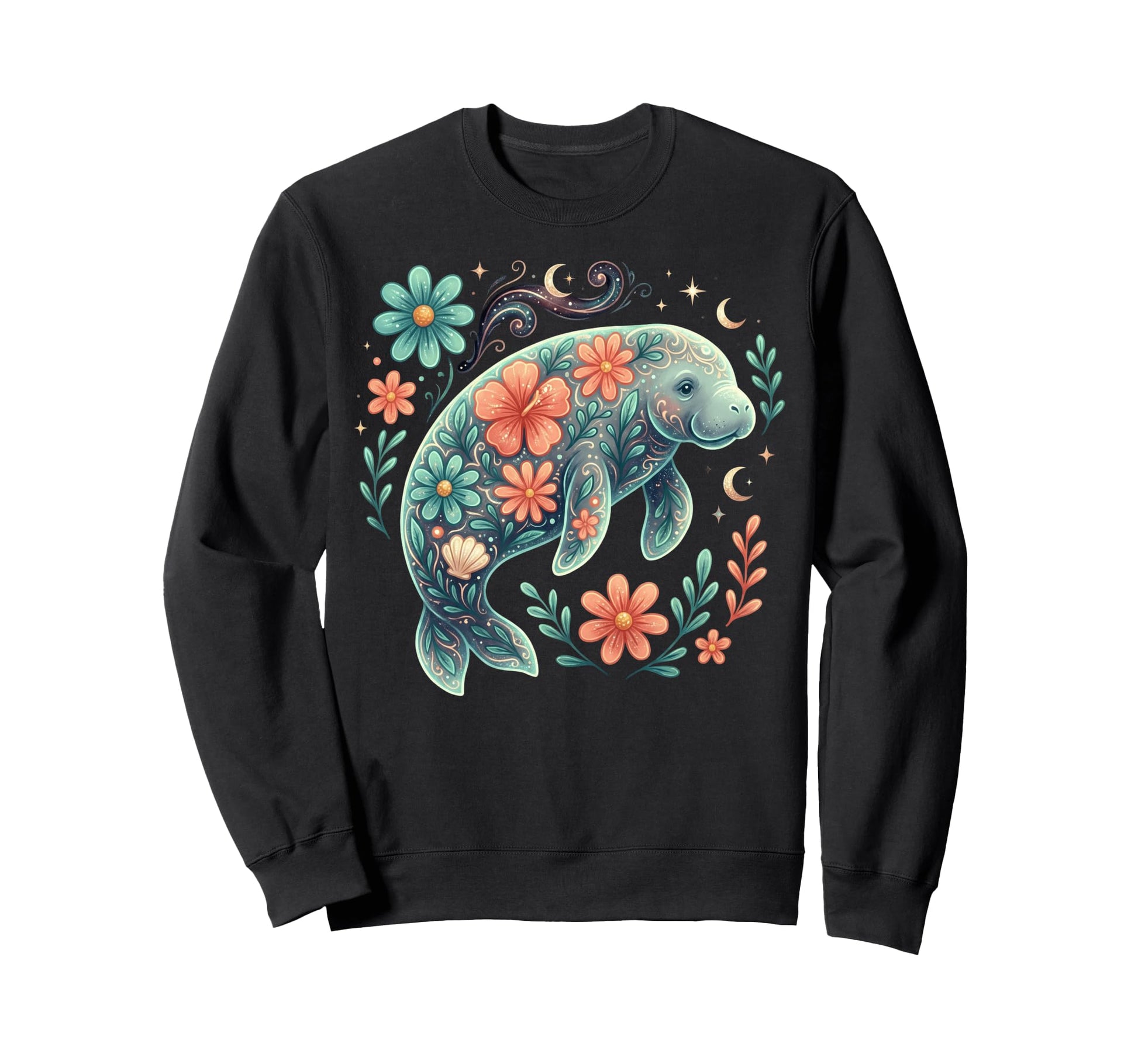 Floral Boho Manatee Summer Coastal Sweatshirt - Aesthetic Graphic Unisex - T-Shirt, Sweatshirt, Hoodie