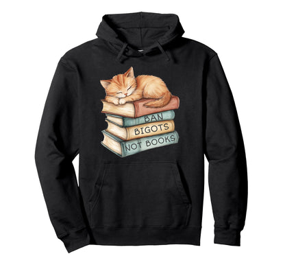 Ban Bigots Not Books Kitten Sleeping Hoodie - Aesthetic Graphic for Adults - T-Shirt, Sweatshirt, Hoodie
