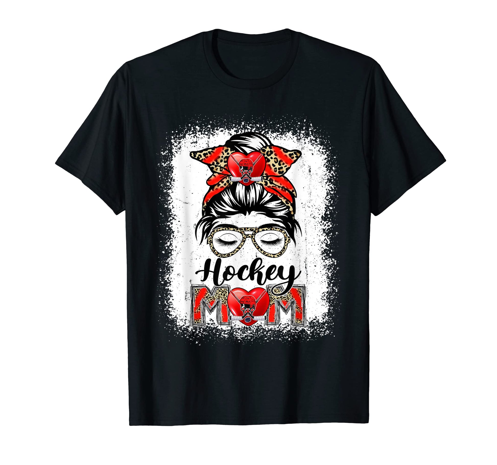 Hockey Mom Game Day Messy Bun Leopard T-Shirt - Graphic Print Unisex - T-Shirt, Sweatshirt, Hoodie