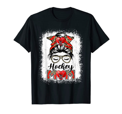 Hockey Mom Game Day Messy Bun Leopard T-Shirt - Graphic Print Unisex - T-Shirt, Sweatshirt, Hoodie