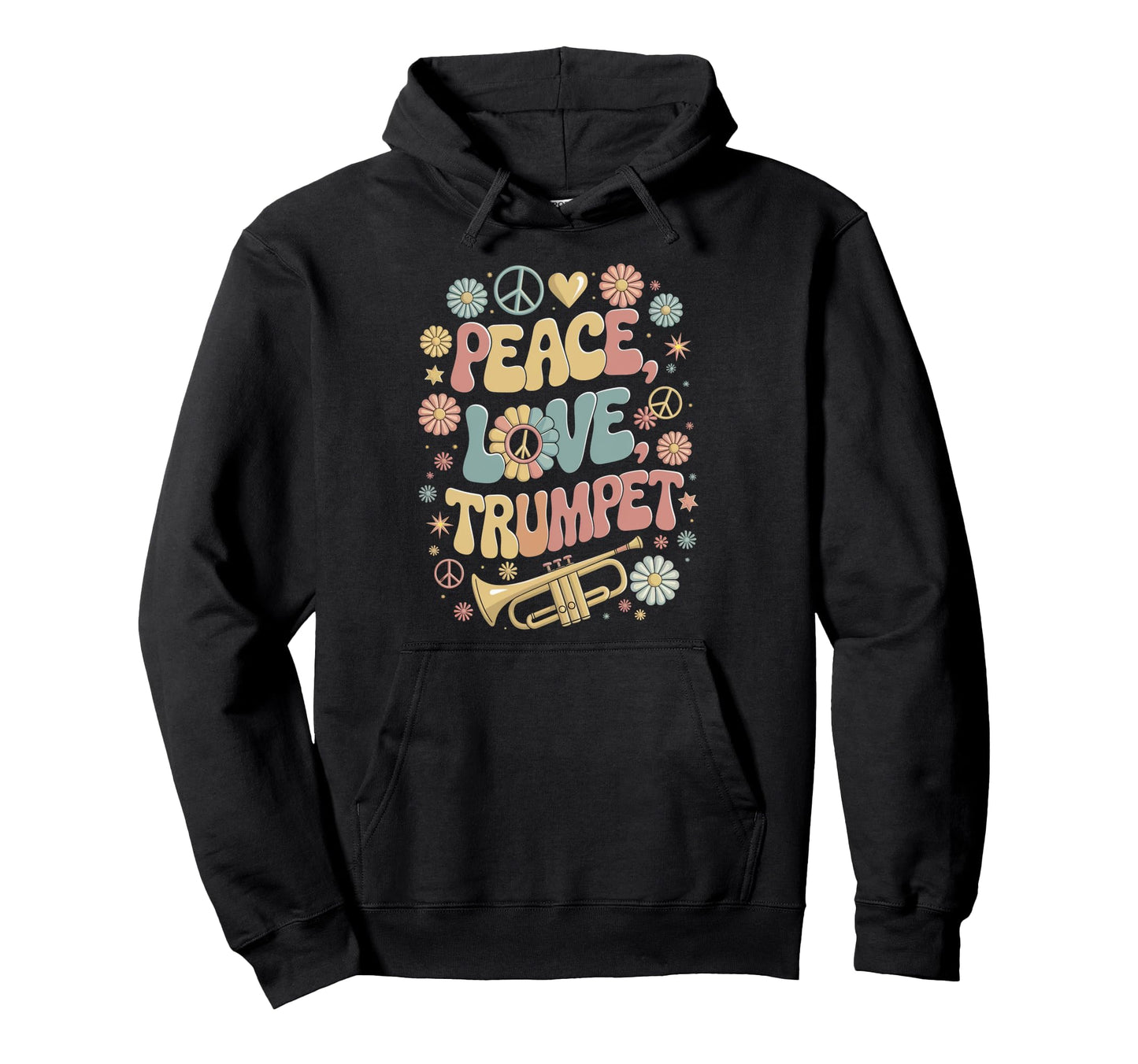 60S 70S Hippie Trumpeter Peace Love Hoodie - Fun Novelty Design Men Women - T-Shirt, Sweatshirt, Hoodie