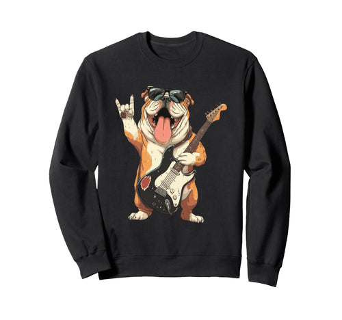 Funny Bulldog Rock Music Guitar Player Sweatshirt - Novelty Apparel Unisex - T-Shirt, Sweatshirt, Hoodie