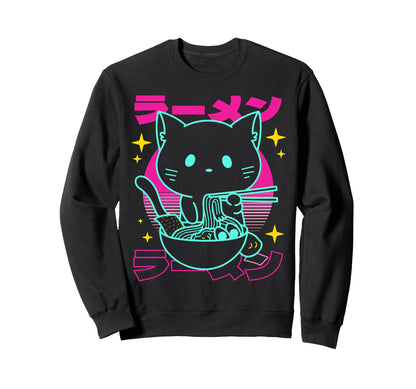 Anime Ramen Cat Japanese Noodles Sweatshirt - Trendy Graphic for Adults - T-Shirt, Sweatshirt, Hoodie