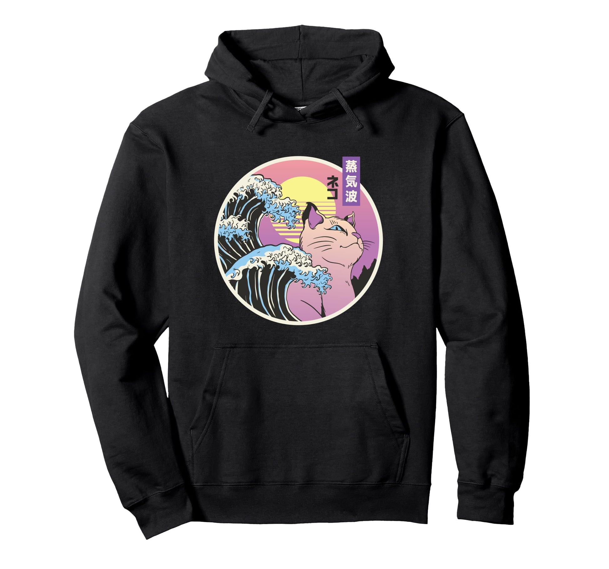 Japanese Vaporwave Wave Cat Aesthetic Hoodie - Unique Graphic Unisex - T-Shirt, Sweatshirt, Hoodie