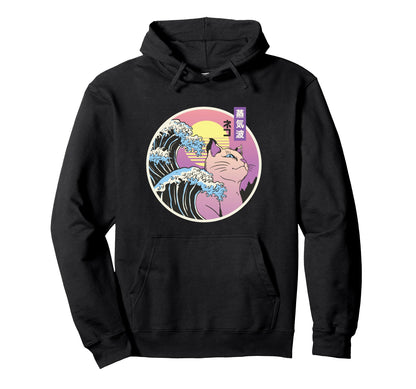 Japanese Vaporwave Wave Cat Aesthetic Hoodie - Unique Graphic Unisex - T-Shirt, Sweatshirt, Hoodie
