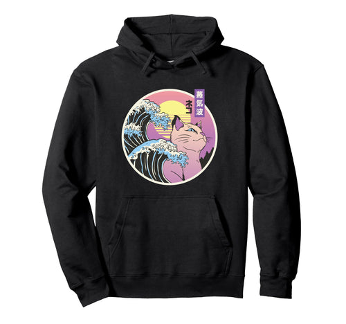 Japanese Vaporwave Wave Cat Aesthetic Hoodie - Unique Graphic Unisex - T-Shirt, Sweatshirt, Hoodie