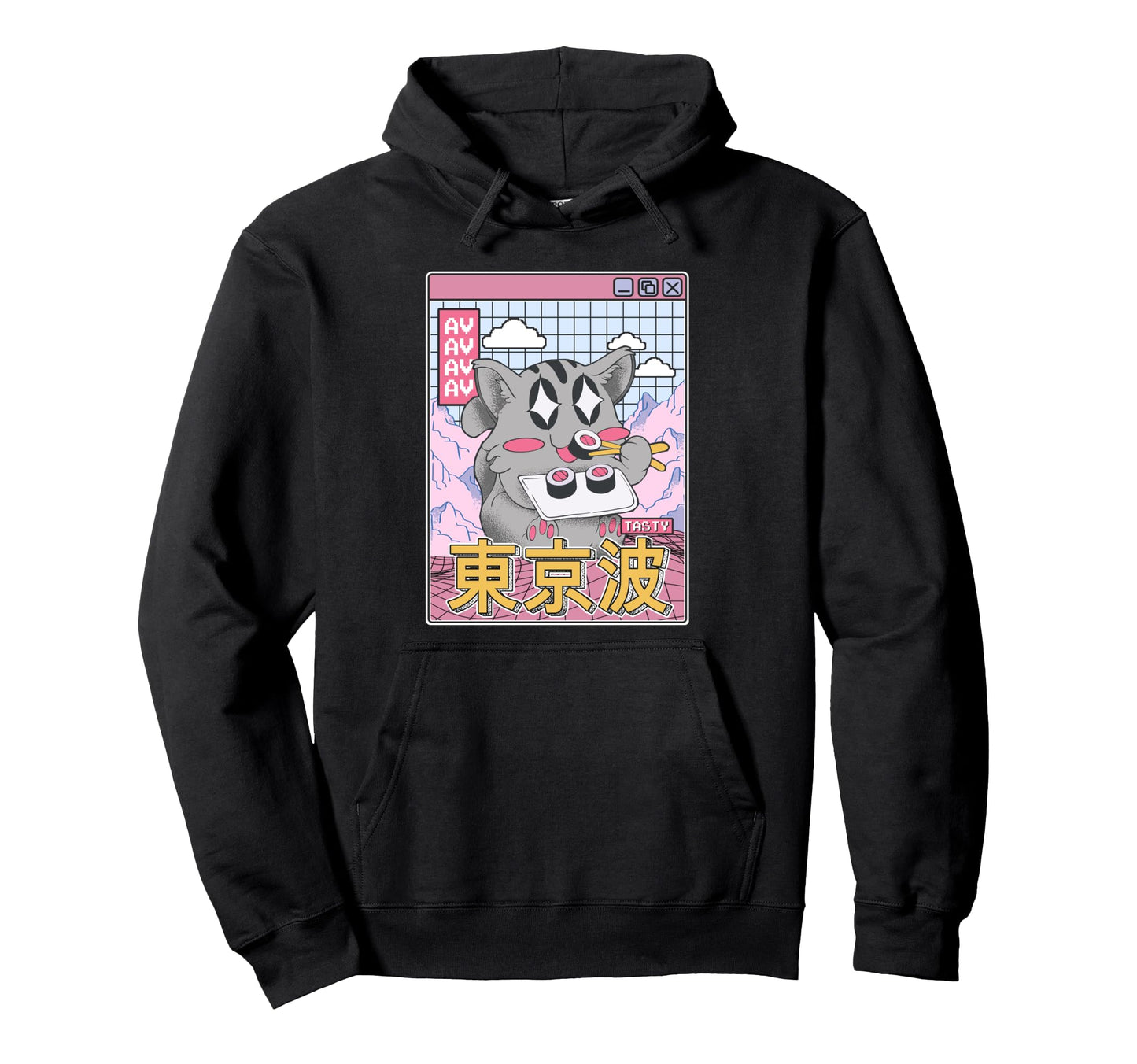 Happy Cat Eating Sushi Vaporwave Hoodie - Novelty Apparel for Adults - T-Shirt, Sweatshirt, Hoodie
