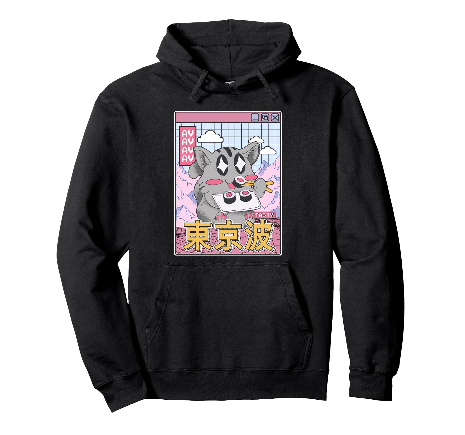 Happy Cat Eating Sushi Vaporwave Hoodie - Novelty Apparel for Adults - T-Shirt, Sweatshirt, Hoodie