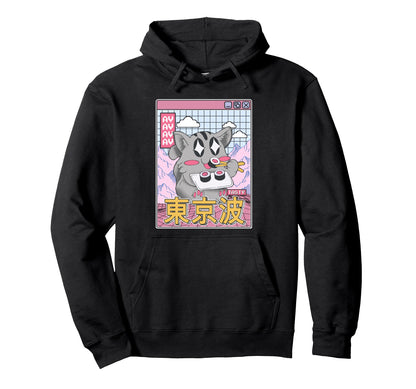 Happy Cat Eating Sushi Vaporwave Hoodie - Novelty Apparel for Adults - T-Shirt, Sweatshirt, Hoodie