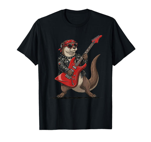 Funny Otter Playing Electric Guitar Rock T-Shirt - Trendy Graphic Unisex - T-Shirt, Sweatshirt, Hoodie
