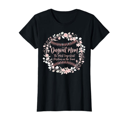 Dugout Mom Floral Baseball Stitches T-Shirt - Trendy Graphic for Adults - T-Shirt, Sweatshirt, Hoodie