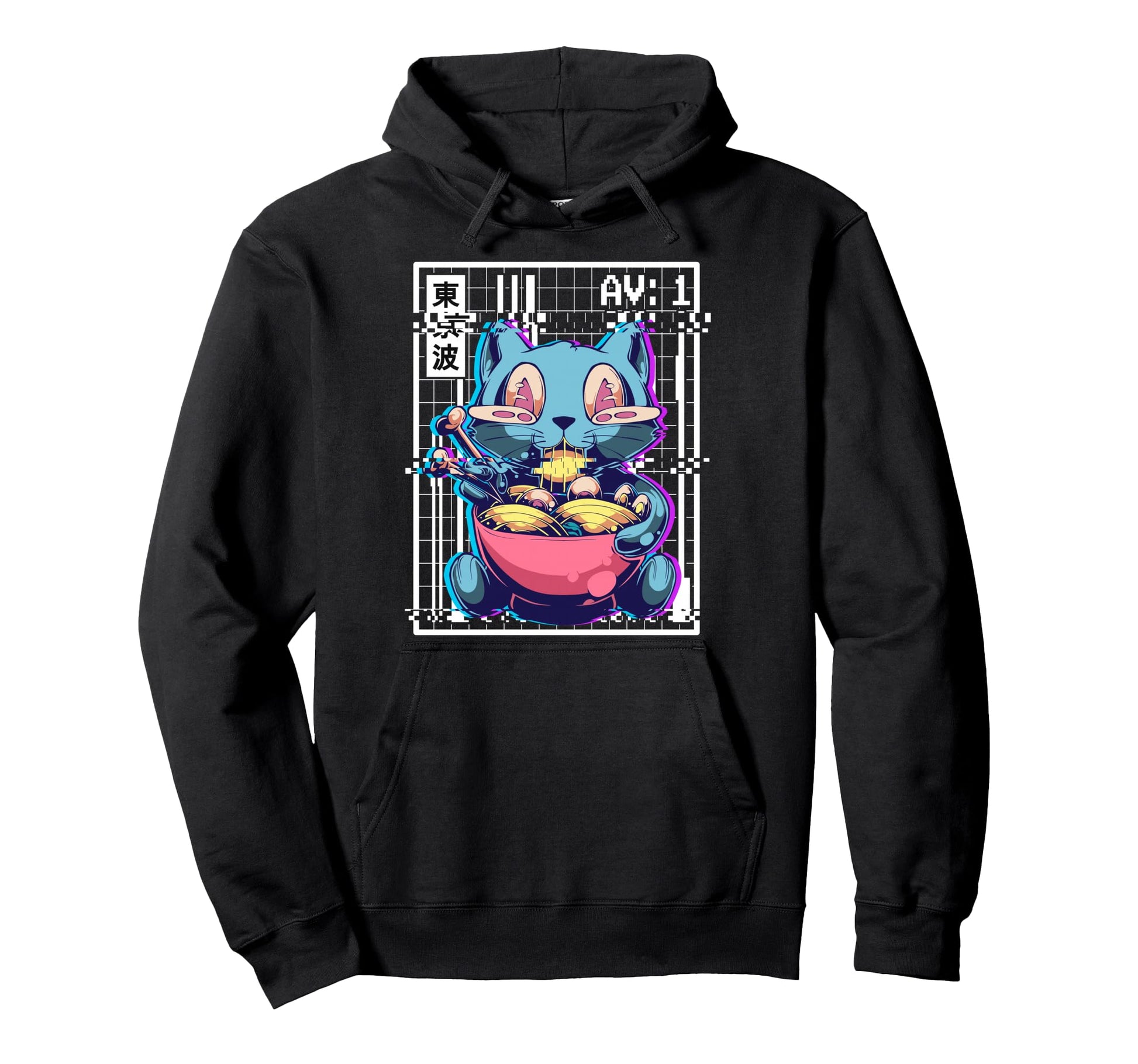Weirdcore Cat Ramen Glitch Vaporwave Hoodie - Minimalist Print Unisex - T-Shirt, Sweatshirt, Hoodie