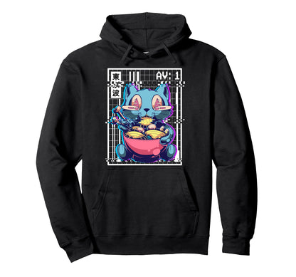 Weirdcore Cat Ramen Glitch Vaporwave Hoodie - Minimalist Print Unisex - T-Shirt, Sweatshirt, Hoodie