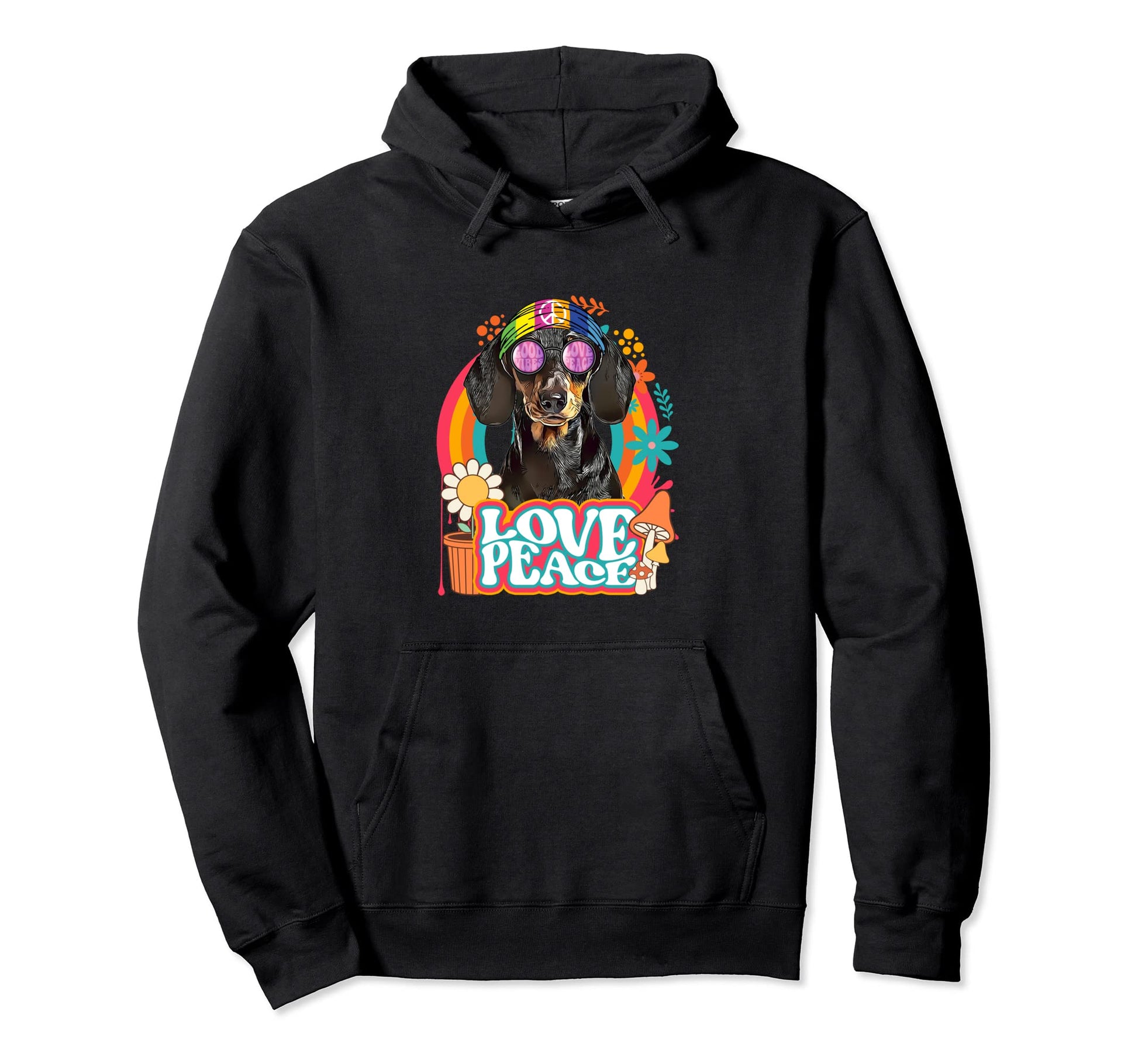 Hippie Dachshund Dog 60S 70S Peace Hoodie - Custom Art Print Men Women - T-Shirt, Sweatshirt, Hoodie