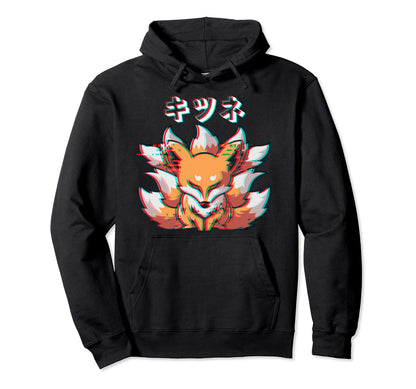 Vaporwave Japan Anime Kitsune Mask Kanji Fox Hoodie - Trendy Graphic Unisex - T-Shirt, Sweatshirt, Hoodie