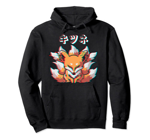 Vaporwave Japan Anime Kitsune Mask Kanji Fox Hoodie - Trendy Graphic Unisex - T-Shirt, Sweatshirt, Hoodie