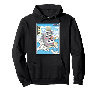 Surfing Cat Eating Sushi Japanese Hoodie - Fun Novelty Design Men Women - T-Shirt, Sweatshirt, Hoodie