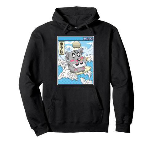 Surfing Cat Eating Sushi Japanese Hoodie - Fun Novelty Design Men Women - T-Shirt, Sweatshirt, Hoodie