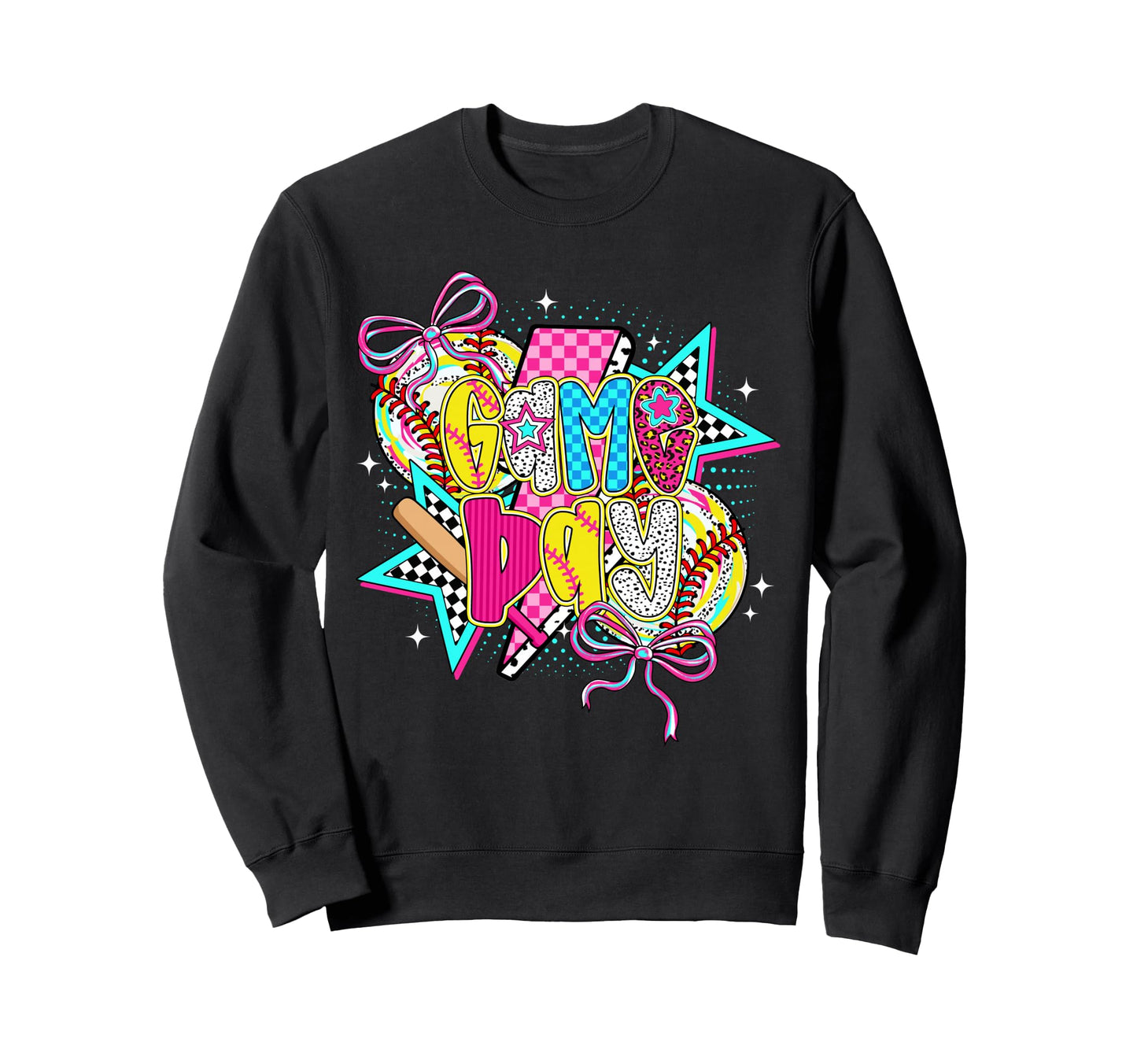 Game Day Softball Bow Checkered Sweatshirt - Novelty Apparel for Adults - T-Shirt, Sweatshirt, Hoodie