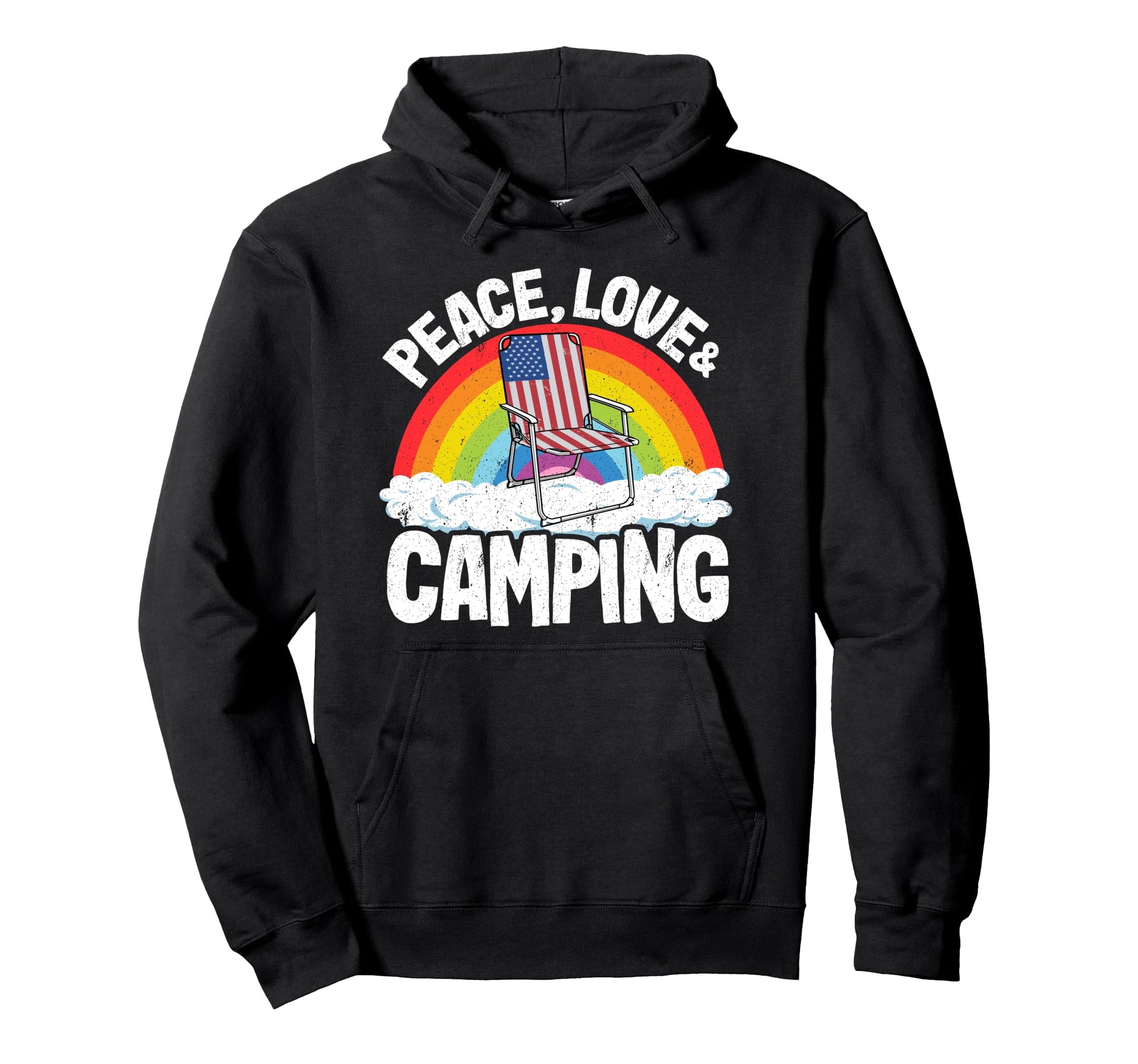 Peace Love Camping Rainbow American Flag Hoodie - Unique Graphic Men Women - T-Shirt, Sweatshirt, Hoodie