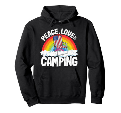 Peace Love Camping Rainbow American Flag Hoodie - Unique Graphic Men Women - T-Shirt, Sweatshirt, Hoodie