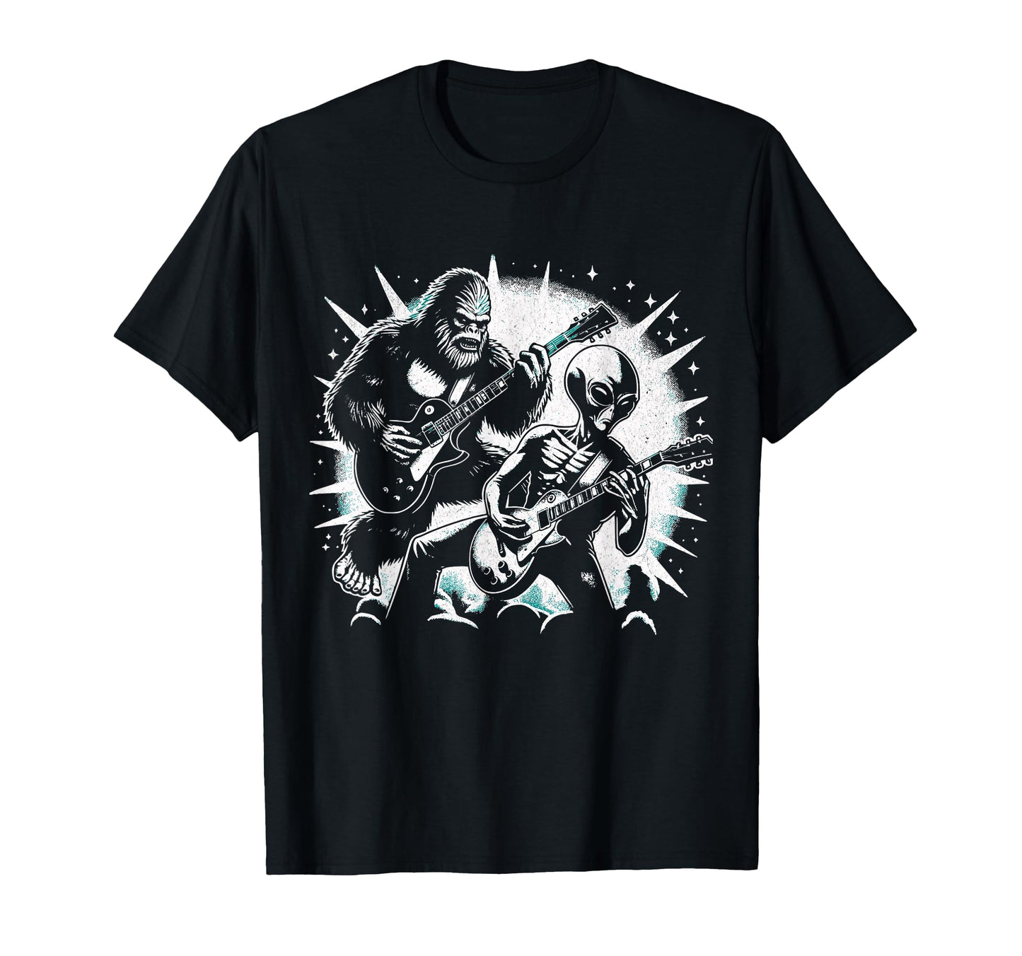 Funny Bigfoot And Alien Playing Guitar T-Shirt - Minimalist Print Unisex - T-Shirt, Sweatshirt, Hoodie