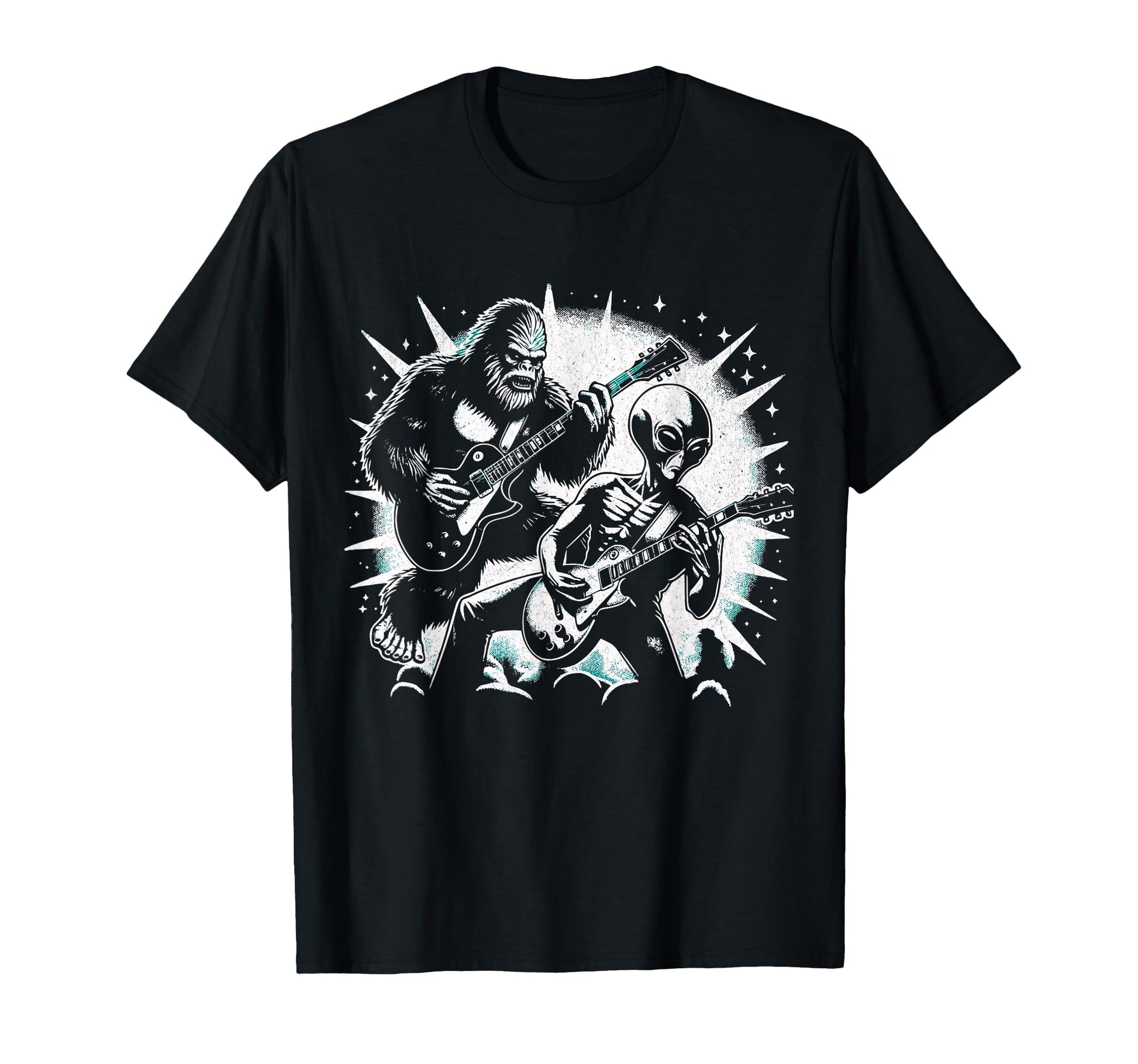 Funny Bigfoot And Alien Playing Guitar T-Shirt - Minimalist Print Unisex - T-Shirt, Sweatshirt, Hoodie
