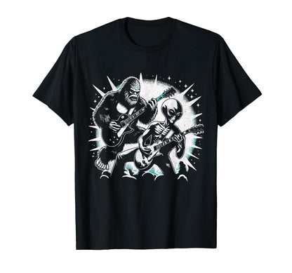 Funny Bigfoot And Alien Playing Guitar T-Shirt - Minimalist Print Unisex - T-Shirt, Sweatshirt, Hoodie