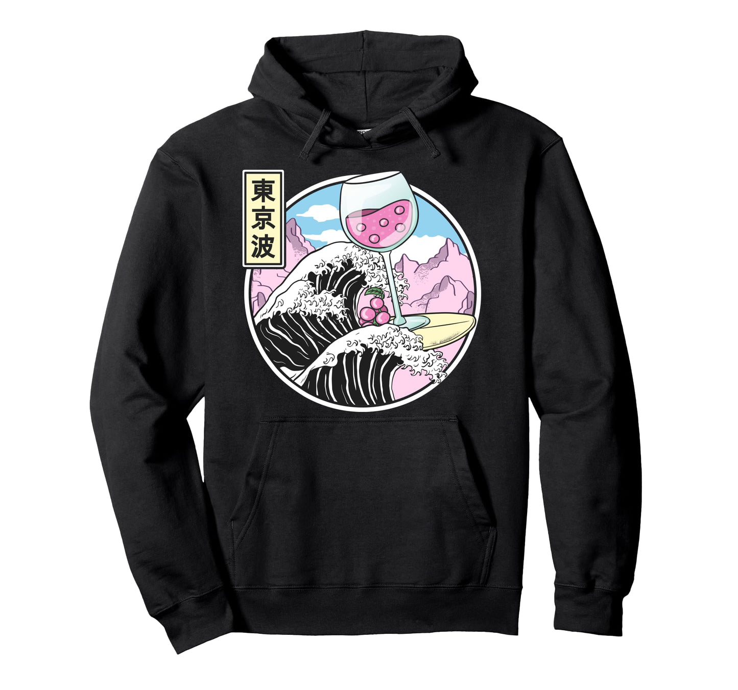 Surfing Wine Glass Kanagawa Wave Kawaii Hoodie - Fun Novelty Design Unisex - T-Shirt, Sweatshirt, Hoodie
