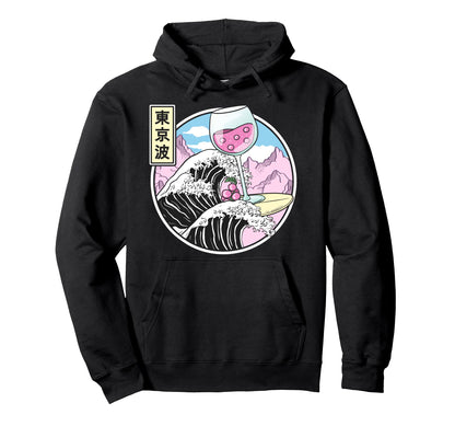 Surfing Wine Glass Kanagawa Wave Kawaii Hoodie - Fun Novelty Design Unisex - T-Shirt, Sweatshirt, Hoodie
