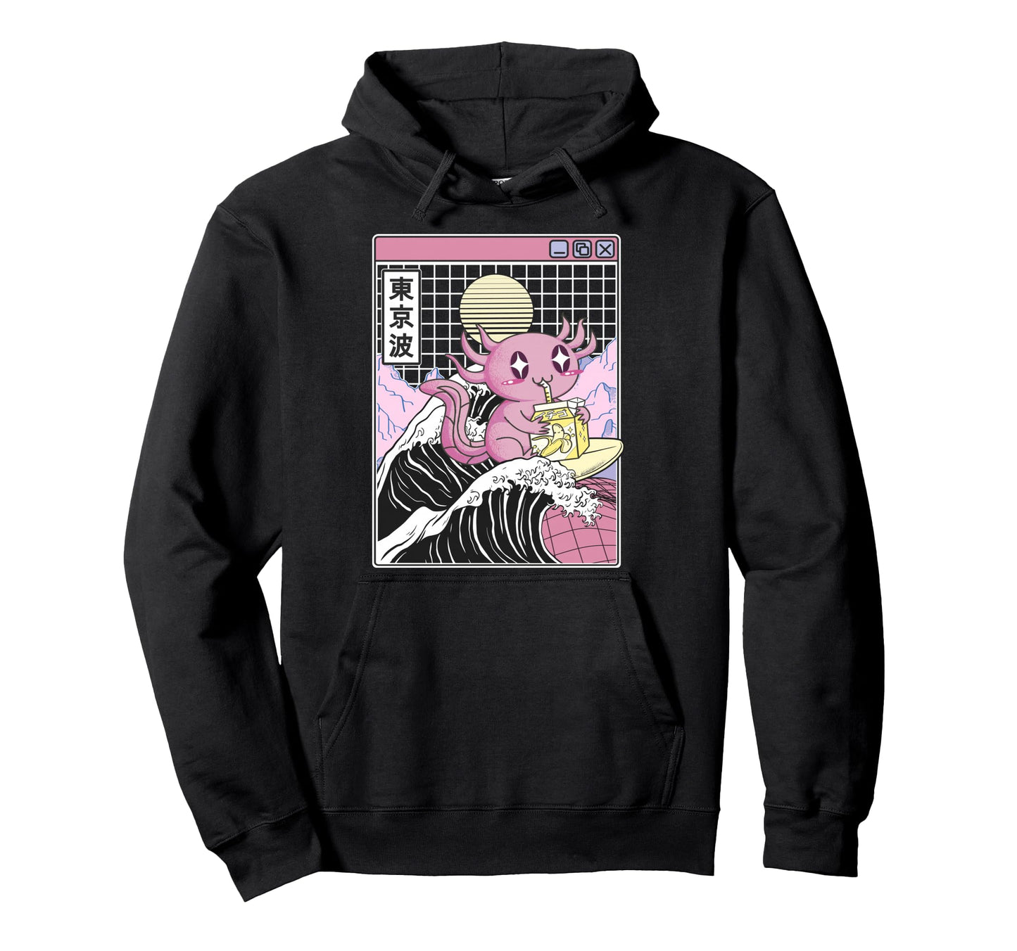 Axolotl Drinking Banana Milk Kanagawa Hoodie - Novelty Apparel for Adults - T-Shirt, Sweatshirt, Hoodie