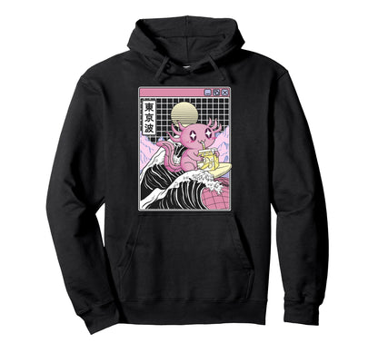 Axolotl Drinking Banana Milk Kanagawa Hoodie - Novelty Apparel for Adults - T-Shirt, Sweatshirt, Hoodie