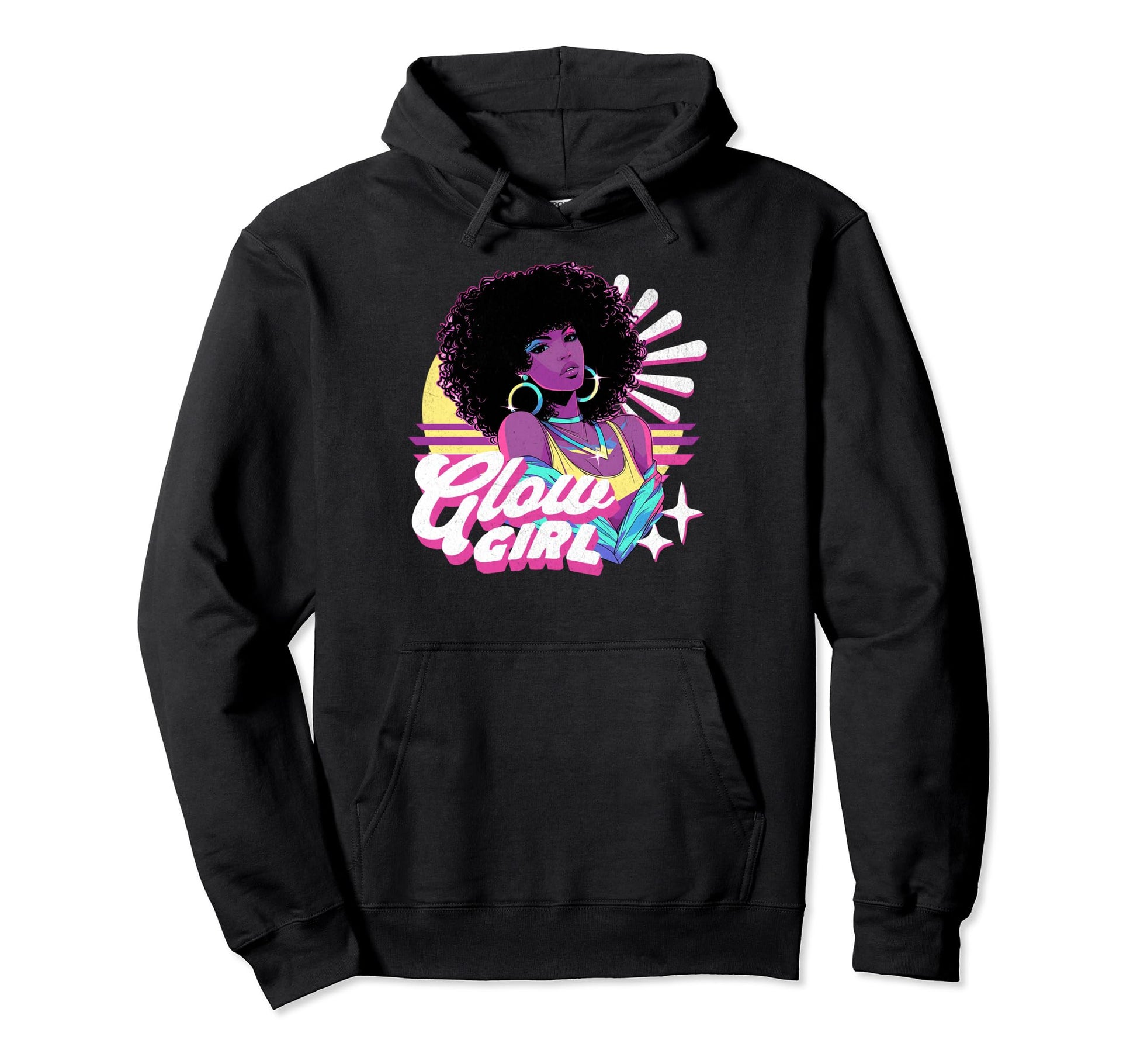 Glow Black Afro 80S 90S Vaporwave Hoodie - Fun Novelty Design Men Women - T-Shirt, Sweatshirt, Hoodie