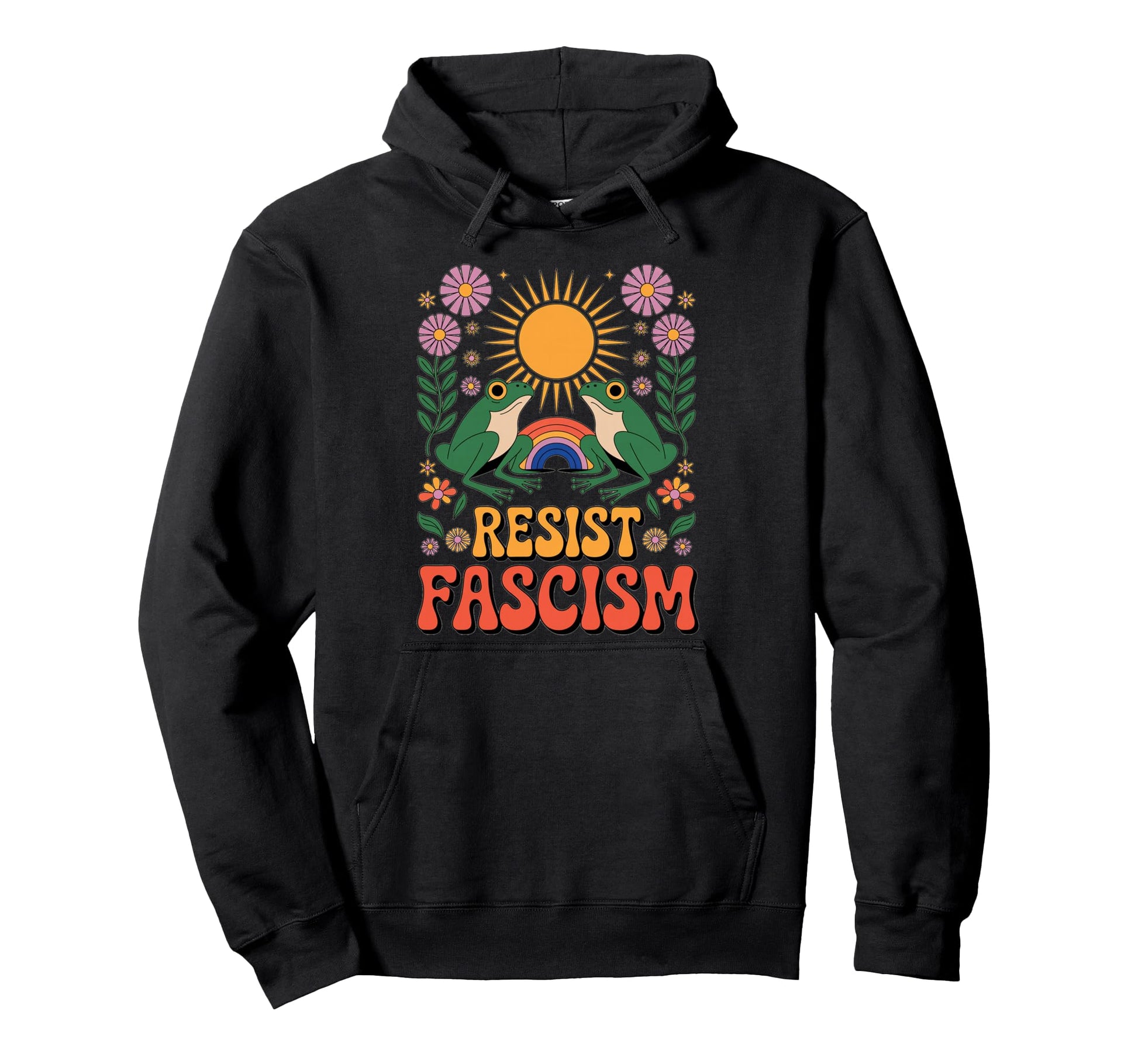Frog Resist Fascism Groovy Rainbow No Hoodie - Aesthetic Graphic Unisex - T-Shirt, Sweatshirt, Hoodie