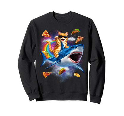 Orange Cat Riding Shark Pizza Sweatshirt - Aesthetic Graphic for Adults - T-Shirt, Sweatshirt, Hoodie