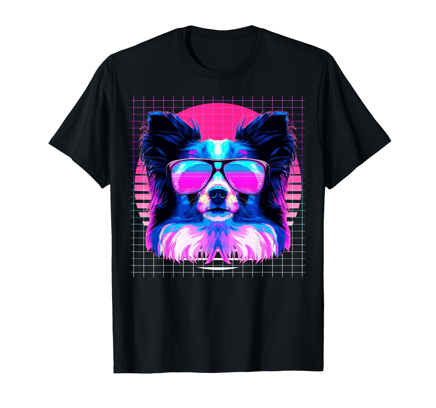 Papillon Sunglasses Dog Vaporwave T-Shirt - Casual Everyday Wear Men Women - T-Shirt, Sweatshirt, Hoodie
