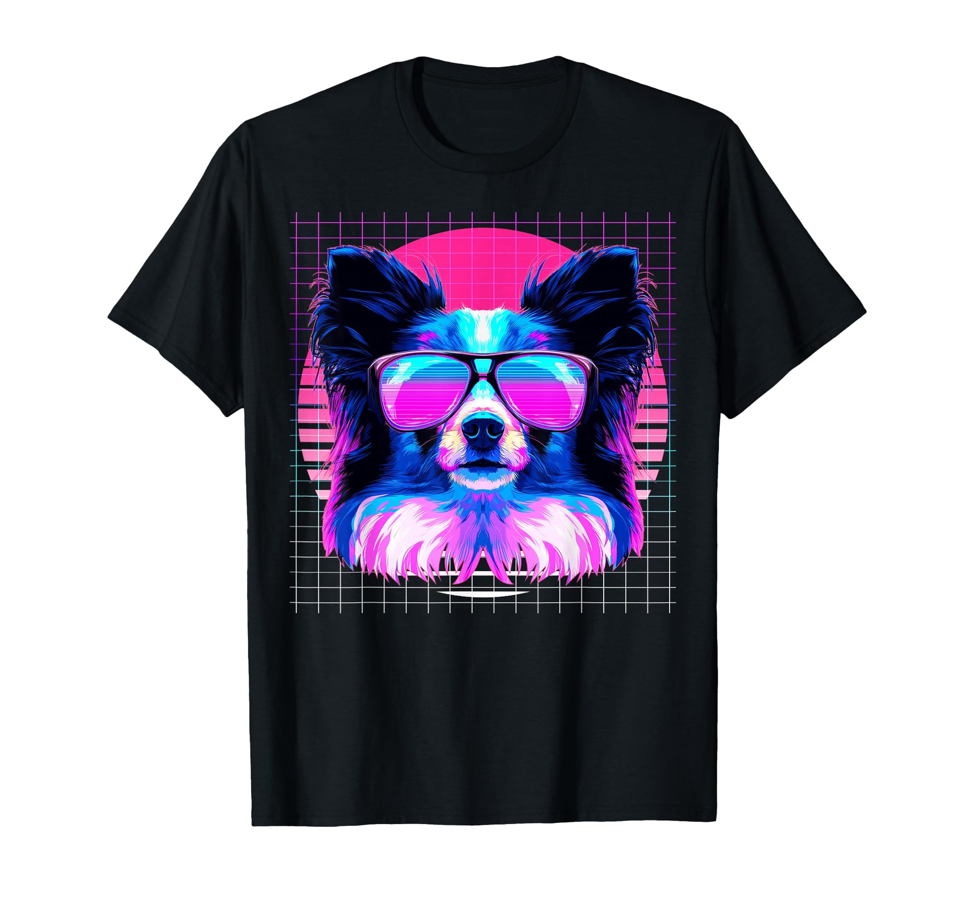 Papillon Sunglasses Dog Vaporwave T-Shirt - Casual Everyday Wear Men Women - T-Shirt, Sweatshirt, Hoodie