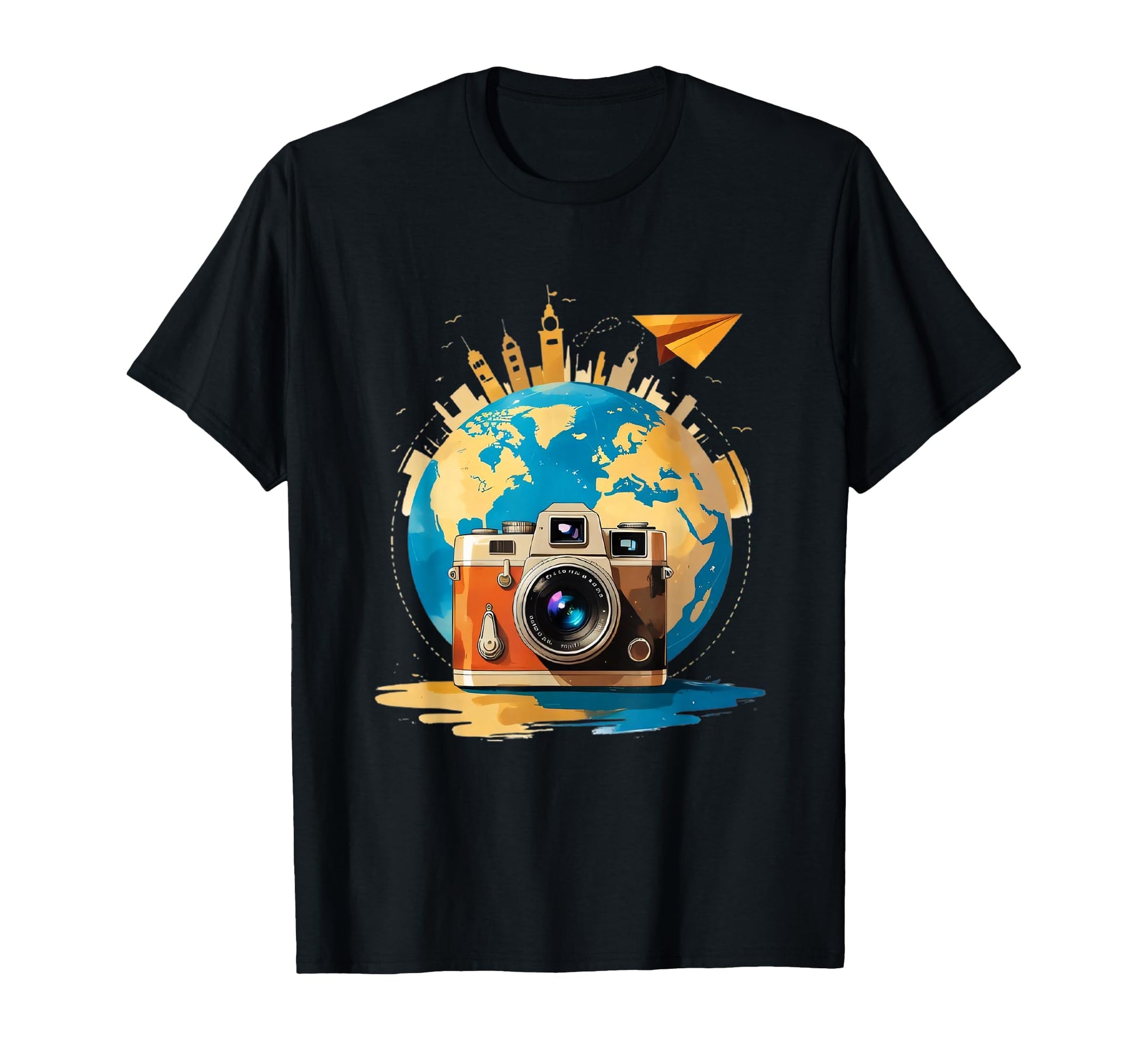 Camera And Globe Travel Art T-Shirt - Unique Graphic for Adults - T-Shirt, Sweatshirt, Hoodie