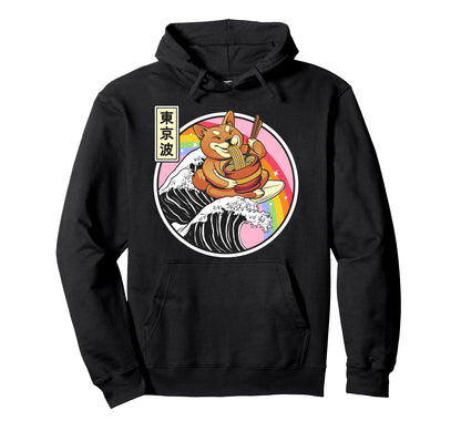 Shiba Inu Eating Ramen Surfing Kanagawa Hoodie - Streetwear Style Unisex - T-Shirt, Sweatshirt, Hoodie