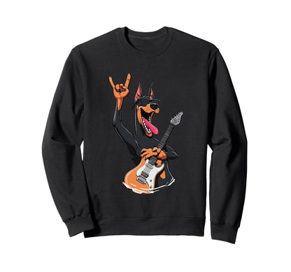 Doberman Rock Music Guitar Player Sweatshirt - Custom Art Print Men Women - T-Shirt, Sweatshirt, Hoodie