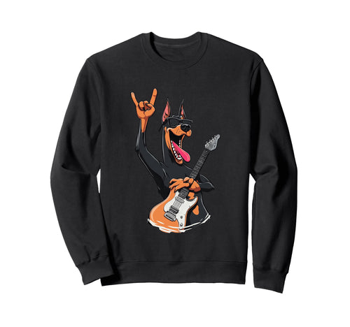 Doberman Rock Music Guitar Player Sweatshirt - Custom Art Print Men Women - T-Shirt, Sweatshirt, Hoodie