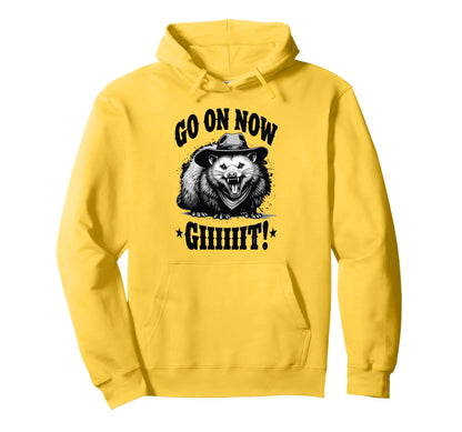Cowboy Opossum Go Now Git Hoodie - Fun Novelty Design for Adults - T-Shirt, Sweatshirt, Hoodie