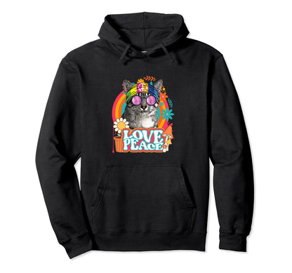 Hippie Cat Rainbow 60S 70S Peace Hoodie - Casual Everyday Wear Men Women - T-Shirt, Sweatshirt, Hoodie