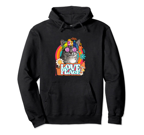 Hippie Cat Rainbow 60S 70S Peace Hoodie - Casual Everyday Wear Men Women - T-Shirt, Sweatshirt, Hoodie