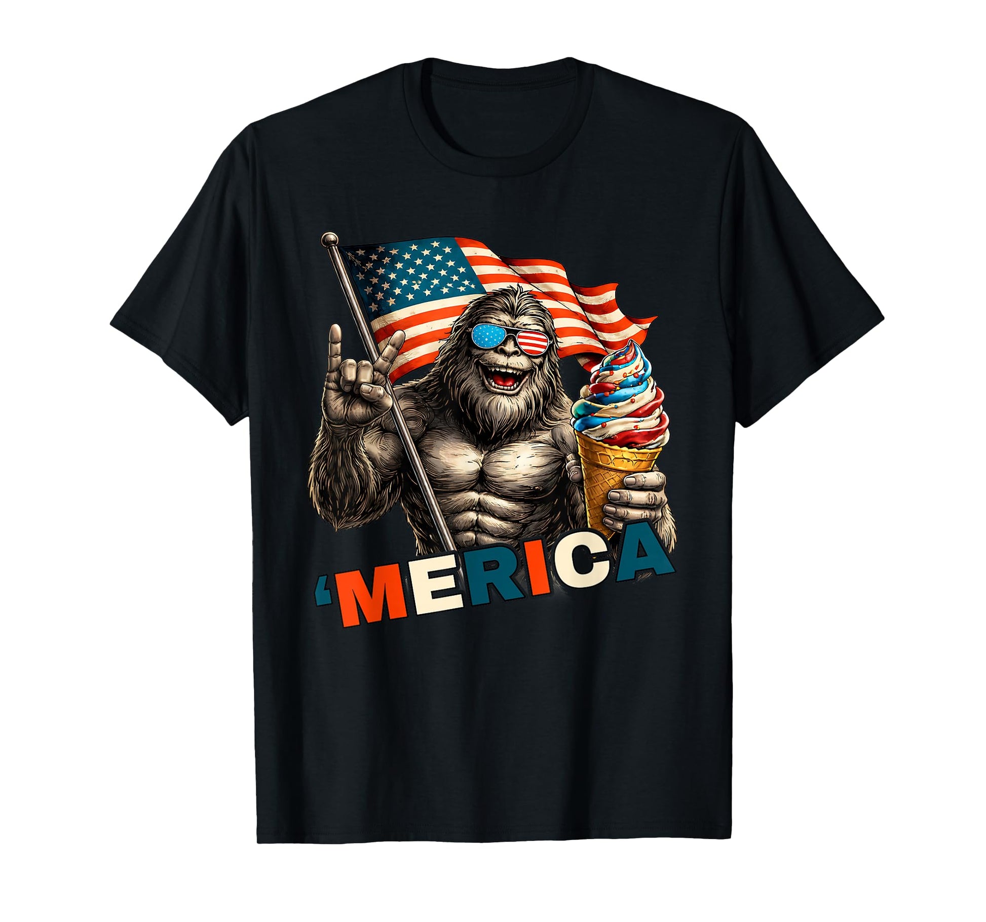 Funny Bigfoot Usa Flag Rock Ice Cream T-Shirt - Trendy Graphic Men Women - T-Shirt, Sweatshirt, Hoodie