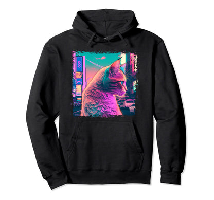Japanese Aesthetic Synthwave Cat Hoodie - Graphic Print for Adults - T-Shirt, Sweatshirt, Hoodie