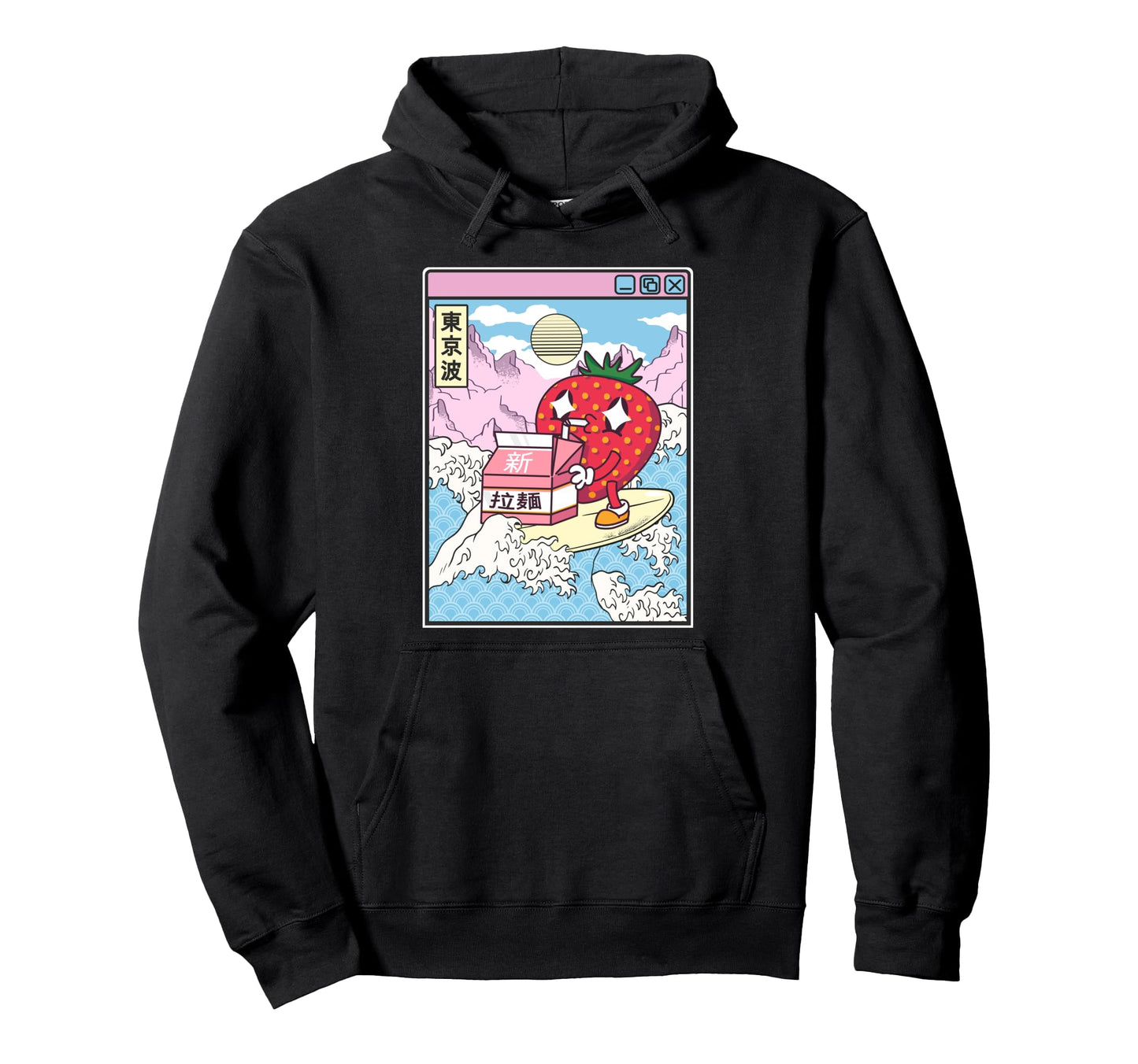 Surfing Strawberry Drinking Milk Japan Wave Hoodie - Unique Graphic Unisex - T-Shirt, Sweatshirt, Hoodie
