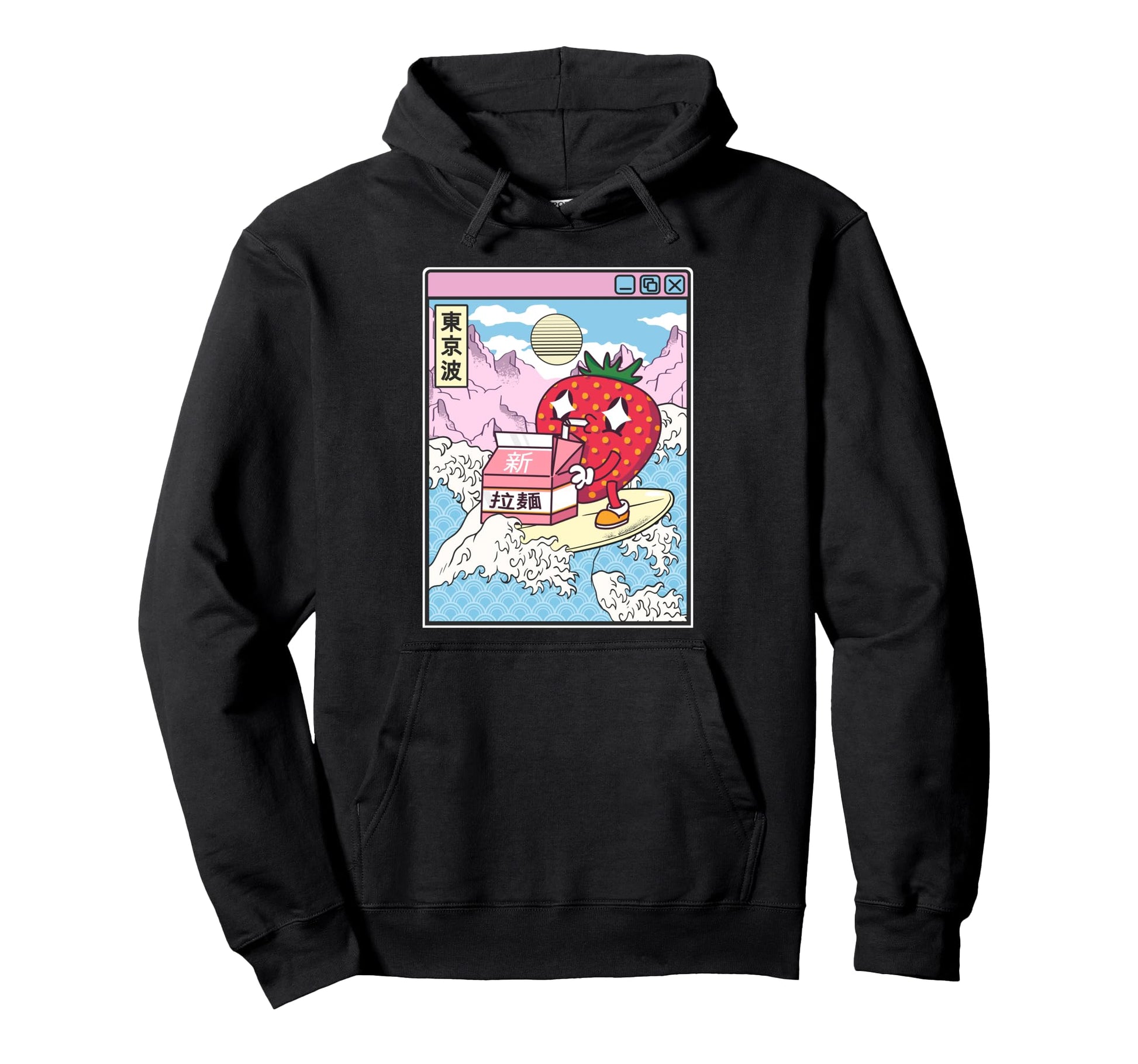 Surfing Strawberry Drinking Milk Japan Wave Hoodie - Unique Graphic Unisex - T-Shirt, Sweatshirt, Hoodie