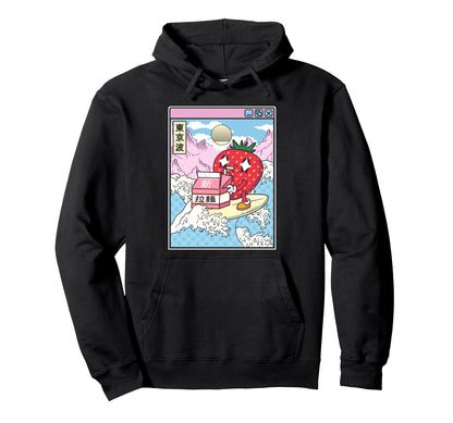 Surfing Strawberry Drinking Milk Japan Wave Hoodie - Unique Graphic Unisex - T-Shirt, Sweatshirt, Hoodie